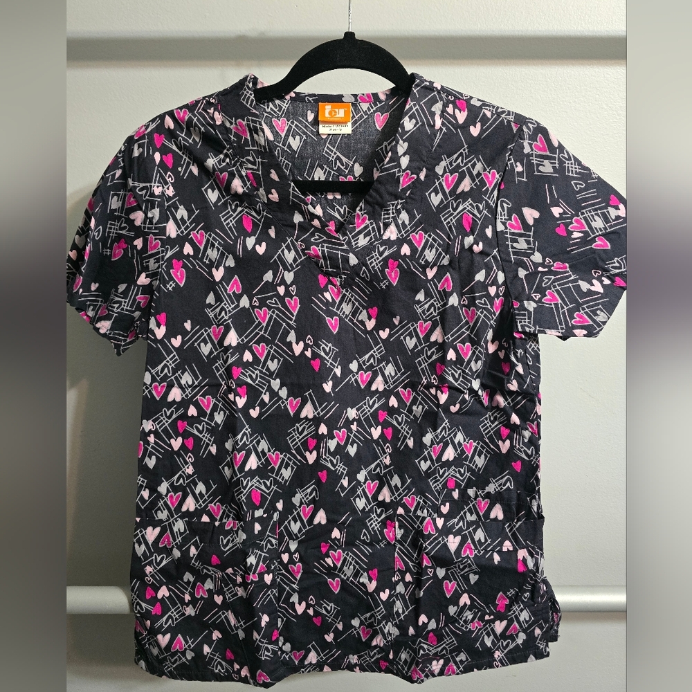 Barco Uniforms Dark Gray and Pink Heart Print Scrub Top